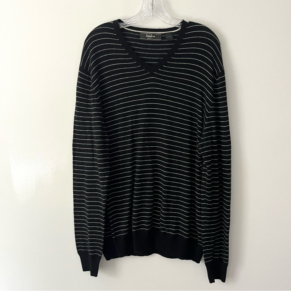 Neiman Marcus Cashmere Cotton Black White Stripe V Neck Sweater Preppy Knit XL